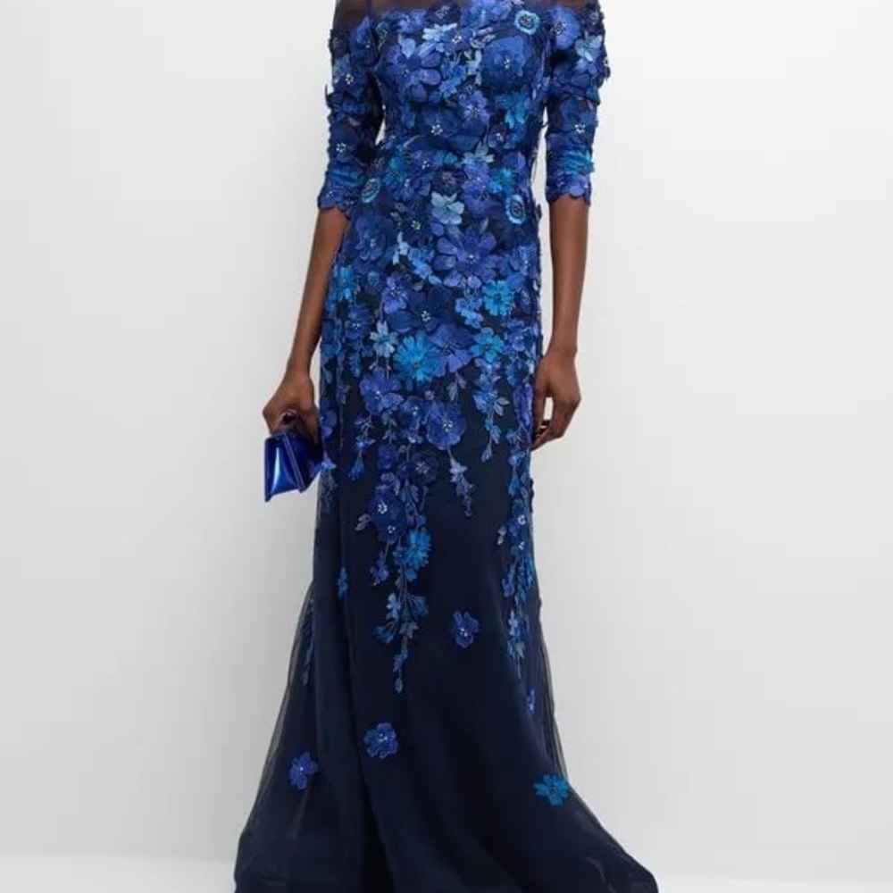 Rickie Freeman for Teri Jon Blue Embroidered Long Sleeve Dress